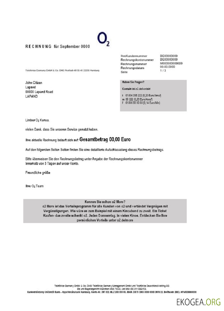 Germany RECHNUNG O2 utility bill